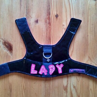 Tuigje S - zwart glimmend met LADY in roze