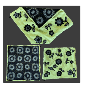 .Kleedje/kussenhoes gehaakte bloemen limoengroen/zwart/herfstgroen