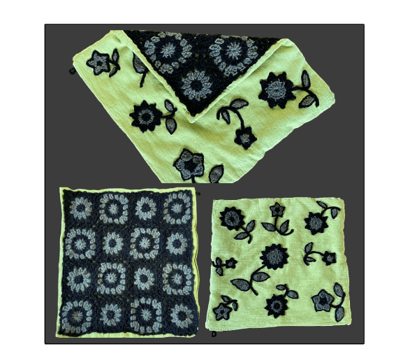 .Kleedje/kussenhoes gehaakte bloemen limoengroen/zwart/herfstgroen