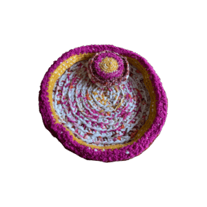 Mand gehaakt geel/roze/ecru met kussentje